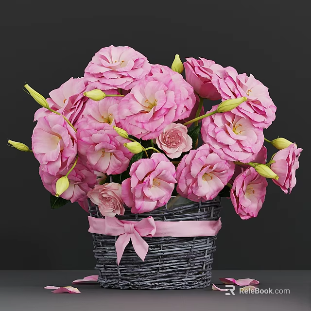 Decorative Ornament Set With Pink Flowers In Wicker Basket And Ribbon Bow 3d model 