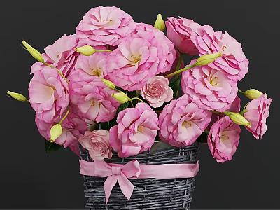 Decorative Ornament Set With Pink Flowers In Wicker Basket And Ribbon Bow 3d model