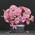 Decorative Ornament Set With Pink Flowers In Wicker Basket And Ribbon Bow