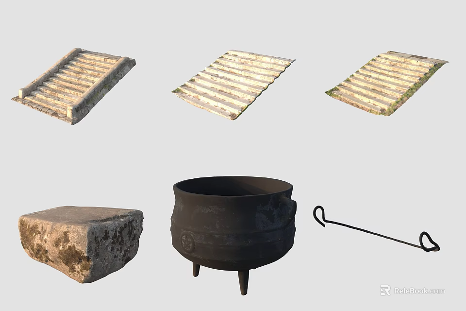 Rustic Stone Steps Landscape with Stone Block Cauldron and Metal Hook 3d model