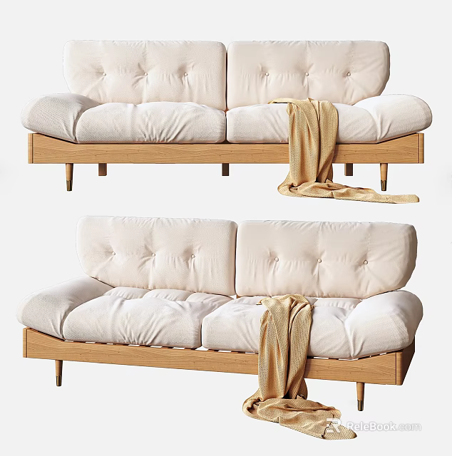 Two Seater Sofa With Tufted Back Light Upholstery Wooden Frame And Draped Blanket 3d model 