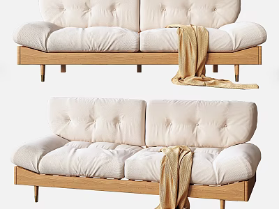 Two Seater Sofa With Tufted Back Light Upholstery Wooden Frame And Draped Blanket 3d model