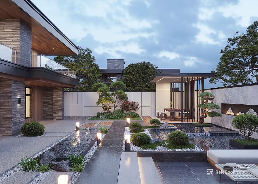 Modern Courtyard Garden Landscape With Lush Green Plants Water Pond Outdoor Lighting And Stone Walls 3d model 
