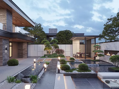 Modern Courtyard Garden Landscape With Lush Green Plants Water Pond Outdoor Lighting And Stone Walls 3d model