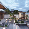 Modern Courtyard Garden Landscape With Lush Green Plants Water Pond Outdoor Lighting And Stone Walls