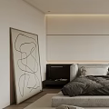 Modern Minimalist Bedroom Interior With White Walls Gray Bedding Wooden Flooring And Abstract Painting