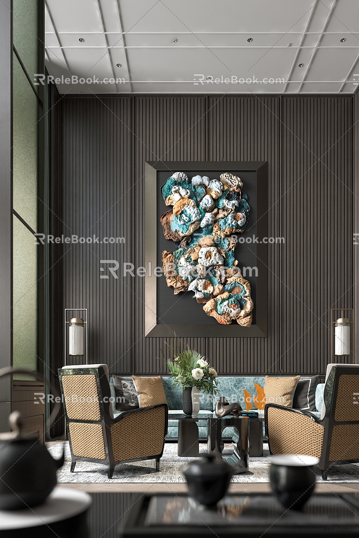 New Chinese Style Modern Sales Office Sofa Coffee Table Combination Hanging Painting Ceiling Tea Set Cup Set 3d model