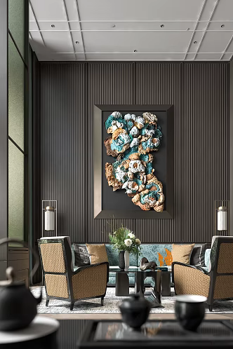 New Chinese Style Modern Sales Office Sofa Coffee Table Combination Hanging Painting Ceiling Tea Set Cup Set 3d model