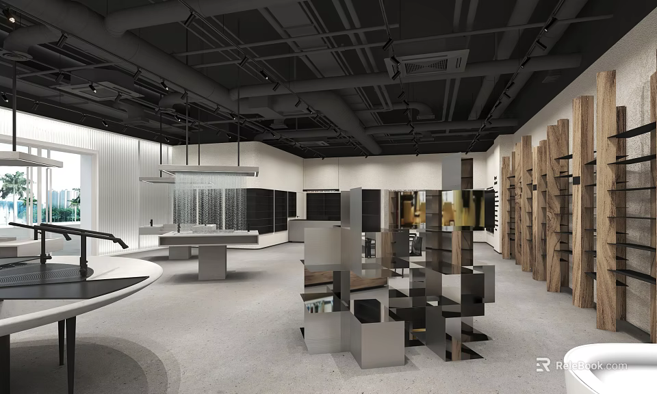 Modern Exhibition Space Interior With Geometric Display Stands Wooden Wall Panels And Industrial Ceiling 3d model 