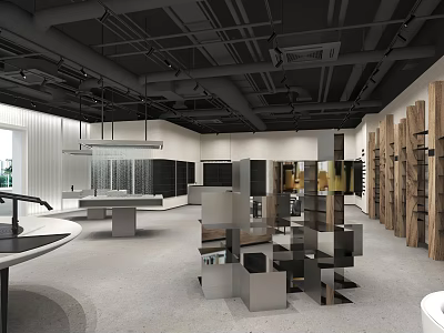 Modern Exhibition Space Interior With Geometric Display Stands Wooden Wall Panels And Industrial Ceiling 3d model