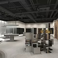 Modern Exhibition Space Interior With Geometric Display Stands Wooden Wall Panels And Industrial Ceiling