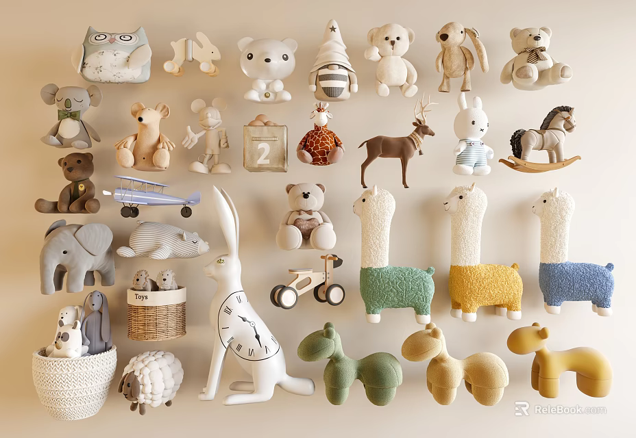 Cute Stuffed Animal Collection With Various Plush Toys And Wooden Animal Figures 3d model 