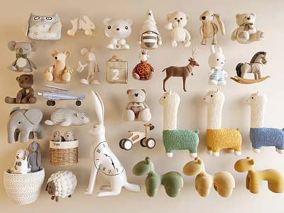 Cute Stuffed Animal Collection With Various Plush Toys And Wooden Animal Figures 3d model