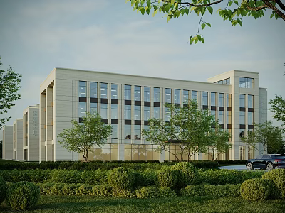Modern Beige Office Building With Large Glass Windows And Landscaped Trees Shrubs 3d model