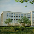 Modern Beige Office Building With Large Glass Windows And Landscaped Trees Shrubs