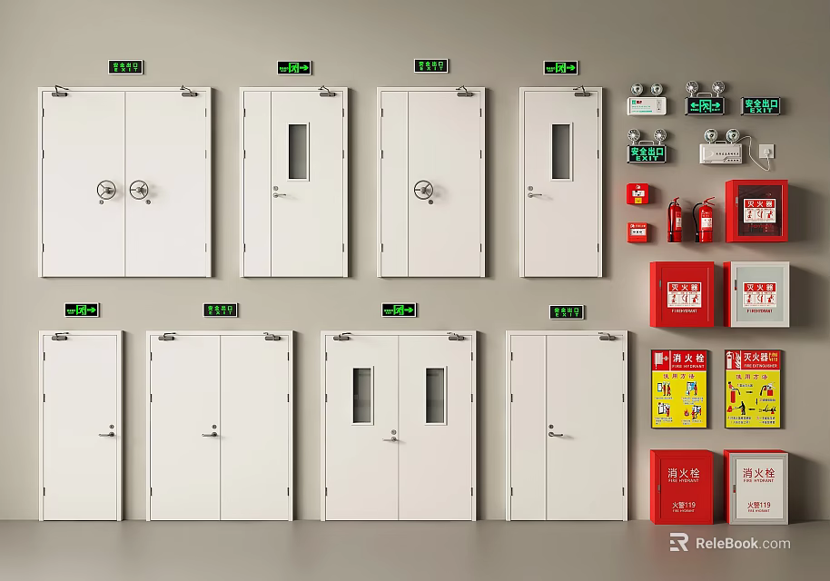 Wall Mounted White Double Doors With Fire Safety Equipment And Indicator Lights 3d model