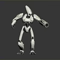 White Robot Game And Movie Character With Green Glowing Parts Pointed Head And Mechanical Arms