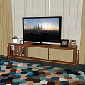 Wooden TV Stand With TV Plant Clock Photo Frames Books And Colorful Geometric Rug