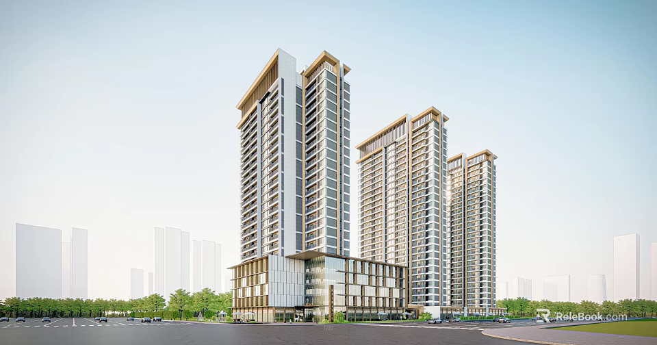 Modern High Rise Residential Apartment Buildings With Glass Facades And Green Areas 3d model 
