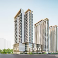 Modern High Rise Residential Apartment Buildings With Glass Facades And Green Areas