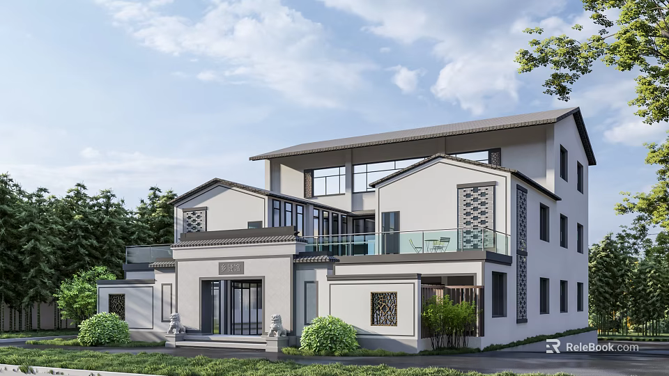 New Chinese Style Villa Exterior With Traditional Elements And Modern Design Courtyard Greenery 3d model 