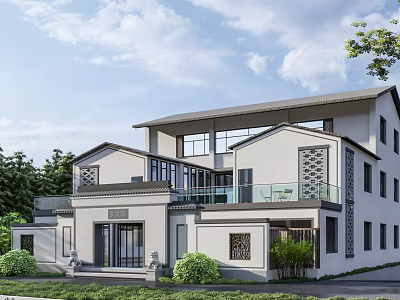 New Chinese Style Villa Exterior With Traditional Elements And Modern Design Courtyard Greenery 3d model