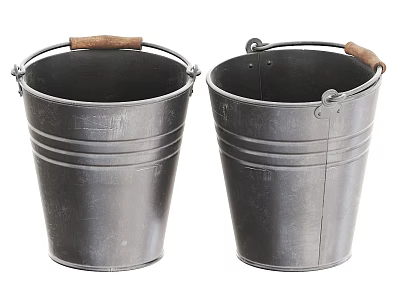 Two Vintage Metal Buckets With Wooden Handles For Household Use And Decor 3d model