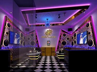 Stylish KTV Interior With Purple Lighting Large Screens Chandelier And Checkerboard Floor 3d model
