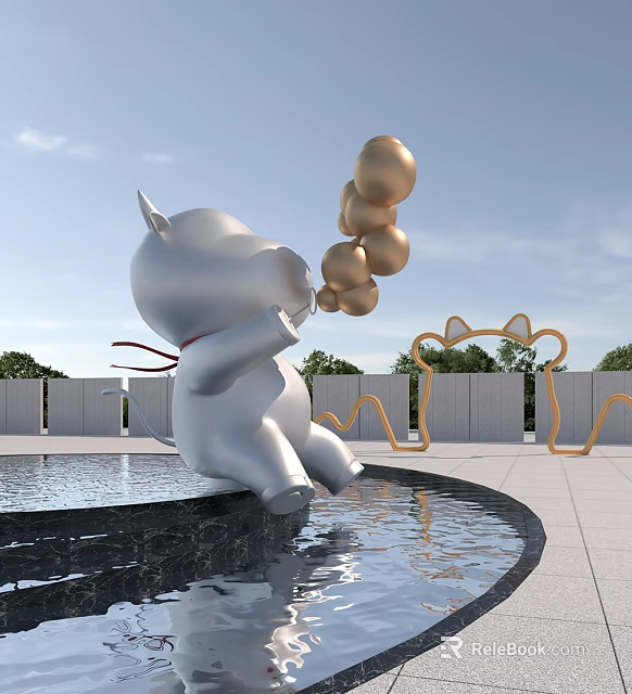 Outdoor Landscape Sculpture White Cartoon Character Holding Golden Balls By Pool Edge With Geometric Decorations 3d model 