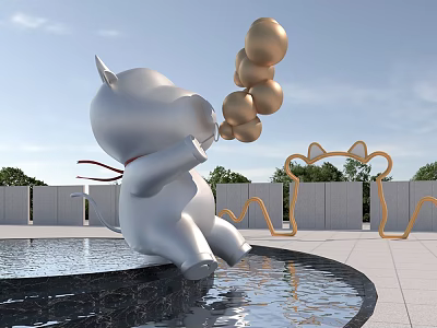 Outdoor Landscape Sculpture White Cartoon Character Holding Golden Balls By Pool Edge With Geometric Decorations 3d model