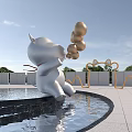 Outdoor Landscape Sculpture White Cartoon Character Holding Golden Balls By Pool Edge With Geometric Decorations