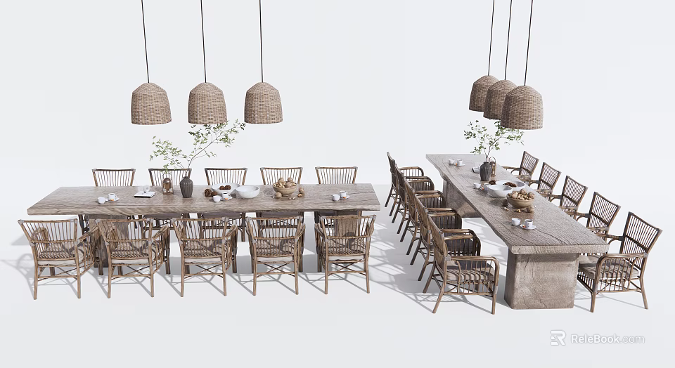 Natural Rattan Dining Table Set With Chairs Pendant Lights And Table Plants 3d model 