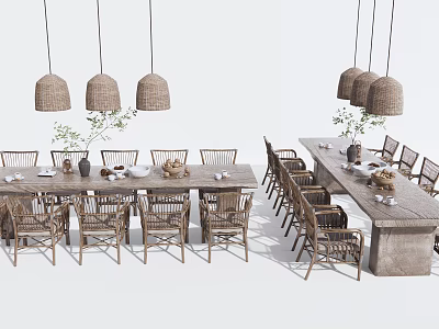 Natural Rattan Dining Table Set With Chairs Pendant Lights And Table Plants 3d model