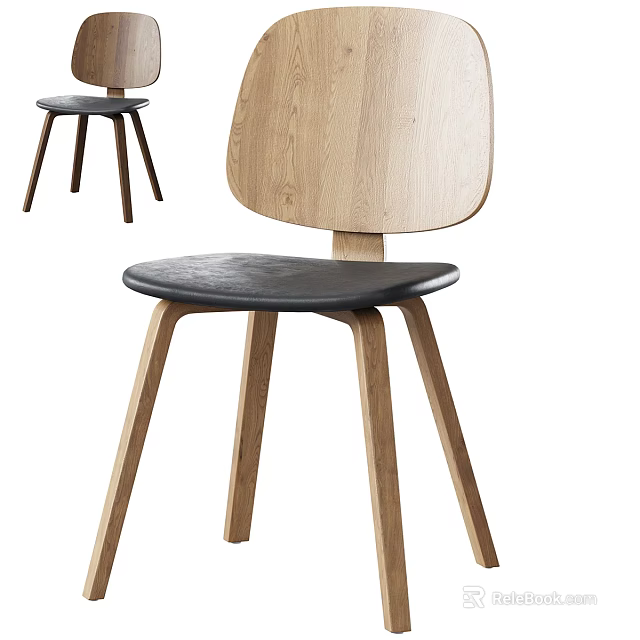 Modern Wooden Single Chair With Black Leather Seat And Minimalist Design 3d model 