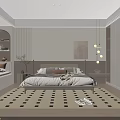 Modern Double Bed With Woven Headboard Plush Pillows Soft Blanket And Geometric Rug