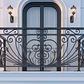 Classic Black Iron Balcony Railing With Ornate Curved Patterns And Wall Lamps