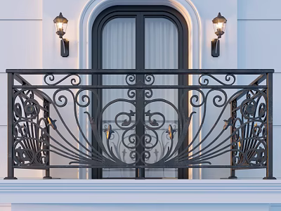 Classic Black Iron Balcony Railing With Ornate Curved Patterns And Wall Lamps 3d model