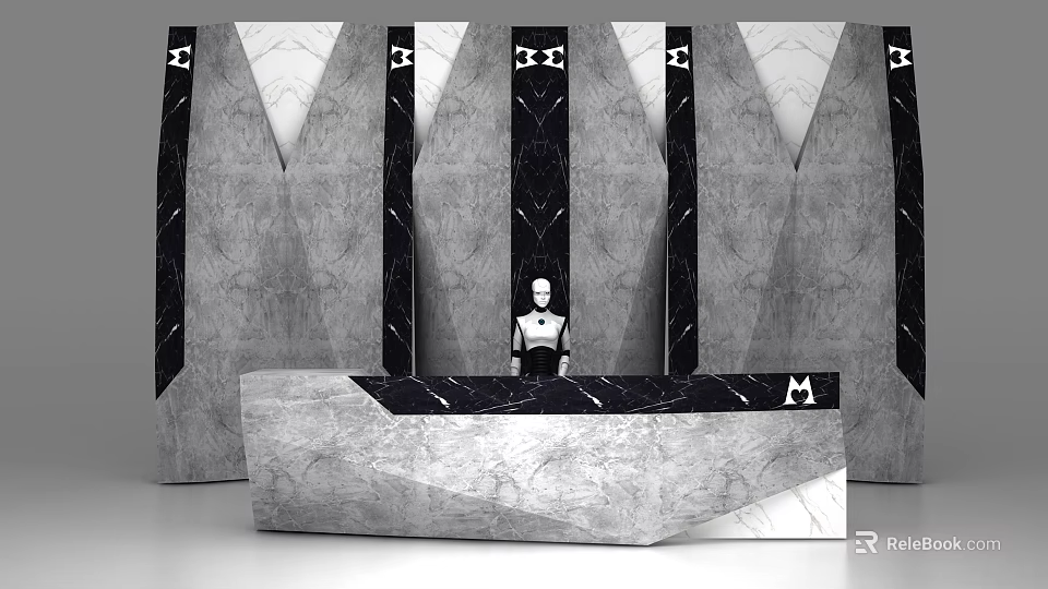 Elegant Modern Marble Reception Desk Featuring Black White Geometric Wall Design 3d model 