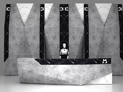 Elegant Modern Marble Reception Desk Featuring Black White Geometric Wall Design 3d model
