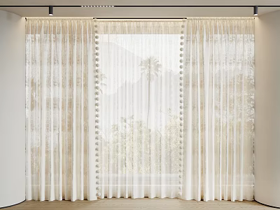 Elegant Soft White Sheer Curtains With Pom Pom Trim Hanging By Window Allowing Natural Light 3d model