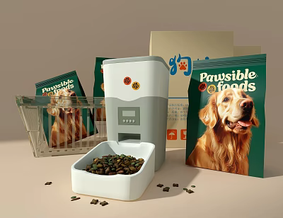 Automatic Pet Feeder With Pawsible Foods Dog Food And Storage Basket 3d model