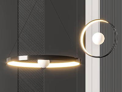 Modern Circular Pendant Lights With Illuminated Ring And White Sphere Against Dark Striped Wall 3d model