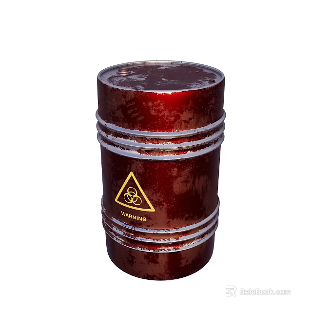Red Rusty Metal Drum With Yellow Biohazard Symbol Metallic Surface And White Bands 3d model 