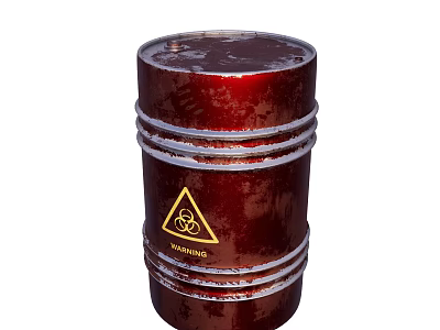 Red Rusty Metal Drum With Yellow Biohazard Symbol Metallic Surface And White Bands 3d model