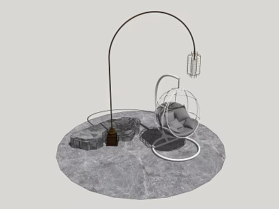 Modern Round Hanging Chair With Metal Stand And Floor Lamp On Textured Ground 3d model