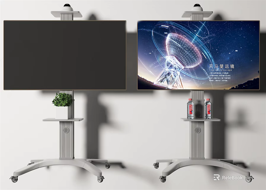 TV on Wheeled Stand Showing Radio Telescope Starry Sky with Potted Plant and Drinks 3d model 