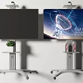 TV on Wheeled Stand Showing Radio Telescope Starry Sky with Potted Plant and Drinks