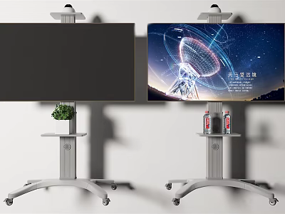 TV on Wheeled Stand Showing Radio Telescope Starry Sky with Potted Plant and Drinks 3d model