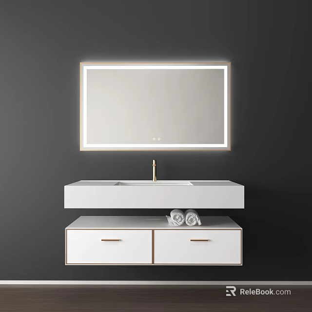 Modern Bathroom Vanity With Backlit Mirror White Countertop And Gold Handles 3d model 