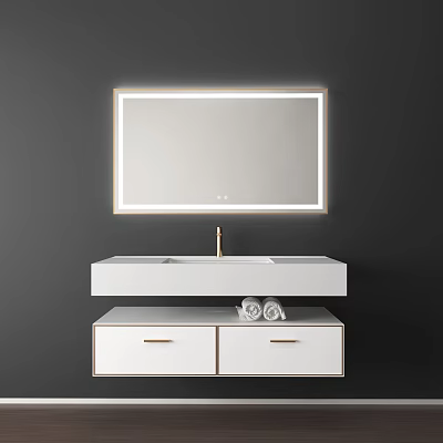 Modern Bathroom Vanity With Backlit Mirror White Countertop And Gold Handles 3d model